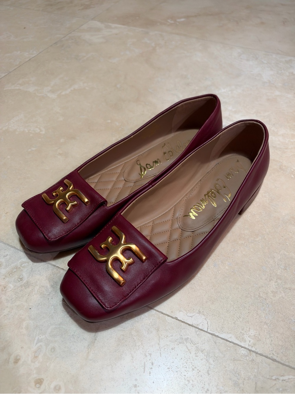 Sam Edelman Burgundy Leather Low Heels with Gold Logo Accent 9.5